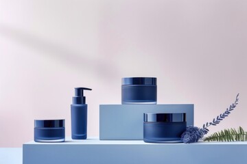 Cosmetic jars in navy blue are displayed against a soft gradient background, perfect for beauty branding