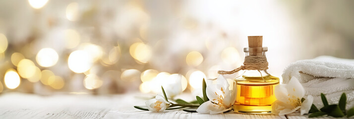 Elegant spa banner featuring massage oil, white orchids, plush towels, and warm glow for beauty and relaxation themes