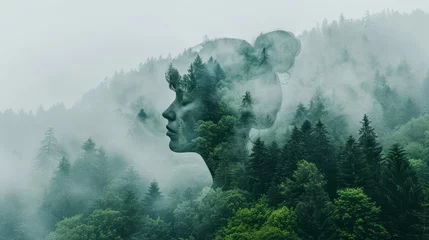 Fotobehang Artistic double exposure of woman s silhouette blended with lush forest landscape © Ilja