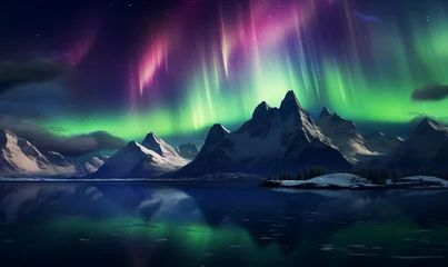 Papier Peint photo autocollant Matin avec brouillard Northern lights in the night sky over mountains and lake. 3d rendering