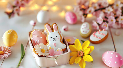 Cookies in the shape of eggs and the Easter bunny with flowers, gingerbread cookies, and colored eggs on a light background
