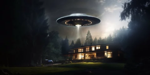 Zelfklevend Fotobehang UFO abducting a house in the forest. 3D rendering © Digital Waves