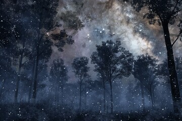 Enigmatic woods under a star-speckled sky - The Milky Way illuminates a misty forest, creating a serene yet haunting atmosphere reflective of the unknown