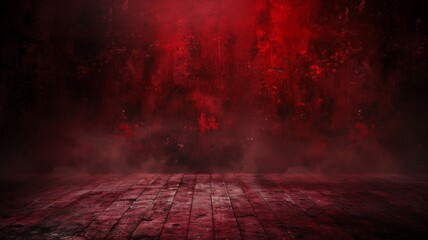 Gloomy red smeared backdrop with empty stage - A haunting and intense red image with a texture resembling smeared blood or paint, creating a sense of dread or suspense on an empty foreground