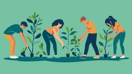 People planting saplings in a row - Simple and clean illustration depicting a group of people bending over to plant young tree saplings in an organized row - obrazy, fototapety, plakaty