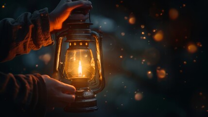 Person holding a lantern with sparks in the evening - In the twilight, a person's hand lifts a lantern sending sparks flying into the night air, with a dreamlike quality
