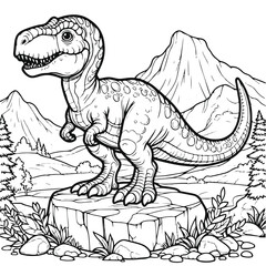 coloring draw dino with a stone mountain illustration background. black and white version good for kids