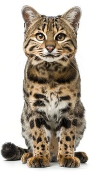 Male marbled cat and kitten portrait with empty space for text and object on right side