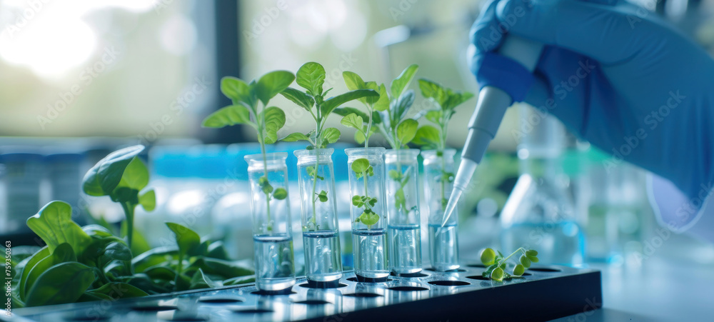 Aufkleber plants in lab tube. science laboratory experiments analysis and genetic engineering study.