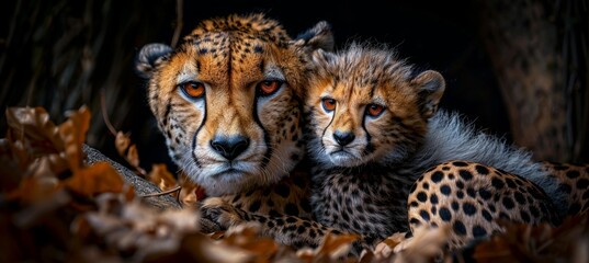 Fototapeta premium Male cheetah and cub portrait, space for text, object on right side, ideal for detailed descriptions