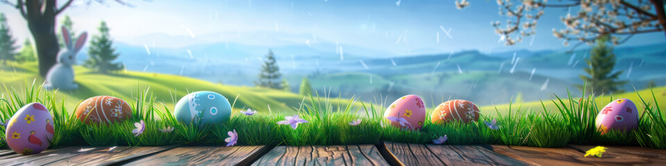 A wooden product display top with an Easter background of painted eggs, rabbit and green grass and meadows.