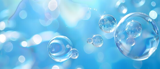 Transparent Soap Bubbles on blurred blue Background, wallpaper, banner. 