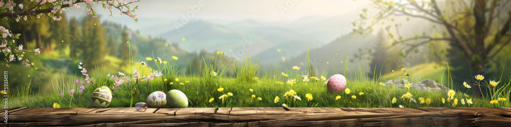 Aufkleber a wooden product display top with an easter background of painted eggs and green grass and meadows.