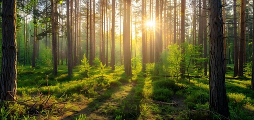 Landscape of nature forest view with sunbeam in the morning.