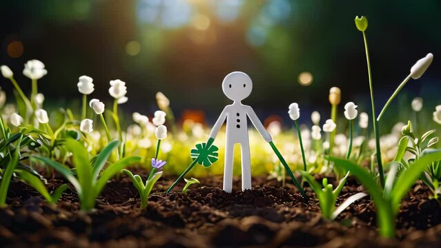 Paper man standing on the forest ground among small white flowers, in the light of dusk.
