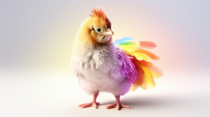 Obraz premium Vibrant chicken with colorful rainbow feathers on bright background