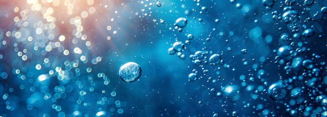 Blue clear underwater sunlight ocean with bubbles, abstract liquid background. banner, background, wallpaper. 