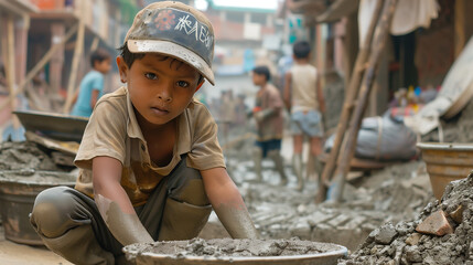 Child in labor day . Child in construction area mixing concrete. Child building structure. Labor day.