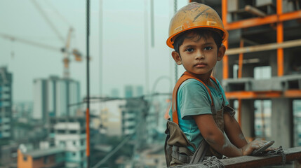 Child in labor day . Child in construction area. Child building structure. Labor day.