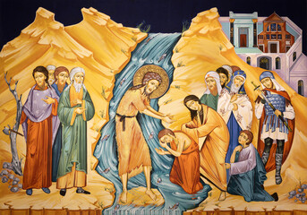 MILAN, ITALY - MARCH 6, 2024: The icon John the Baptist baptize in Jordan in the church Chiesa dei Santi Nereo e Achilleo by Iulian Rosu. - obrazy, fototapety, plakaty