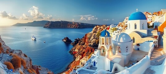 Santorini thira daytime panorama  fira and oia towns, white houses on cliffs, beaches, islands view