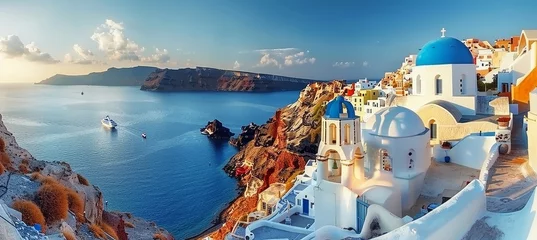 Foto op Canvas Santorini thira daytime panorama  fira and oia towns, white houses on cliffs, beaches, islands view © Ilja