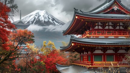 Mtfuji, tokyo s tallest volcano  autumn beauty with snow capped peak and red trees, nature wallpaper - obrazy, fototapety, plakaty