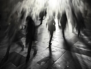 The image captures a group of people walking in the same direction on a street. They are in motion,...