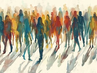 The image depicts a diverse group of people walking together.