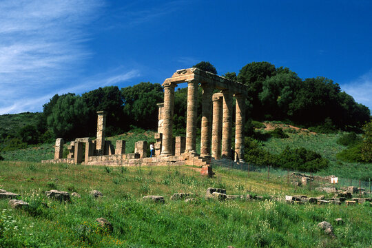 Antique traditional Roman Temple of Antas in ruins empty with no people in Sardinia, Italy
