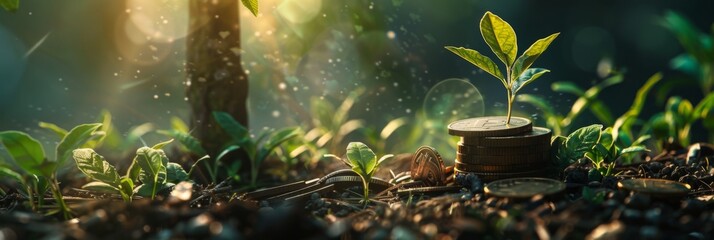 Young plant on a coin stack against a woodland backdrop - Evocative depiction of a small plant growing from stacked coins amidst a forest, illustrating concepts of environmental investment and eco-sta