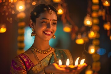 Obraz na płótnie Canvas Smiling woman celebrating Diwali with diyas - A young woman in traditional Indian attire smiles as she holds lit diyas (oil lamps), during Diwali, the festival of lights