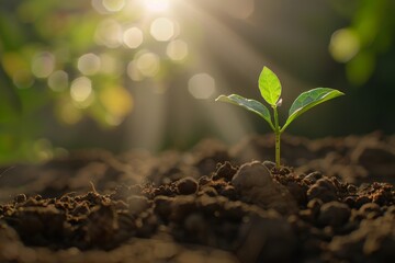 Solo sapling centered in sunlit soil, symbolizing potential - Sole green sapling stands firmly in sunlit soil showcasing the potential for growth and the power of a single step in the journey of life