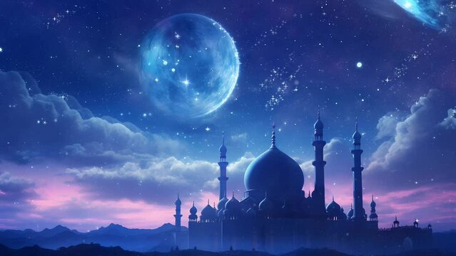 mosque with beautiful night and moon accompanied by shining stars and falling stars, Islamic Background Animation, Looping animation Suitable for  for invitation, Ramadan, Eid, Mawlid, Meraj, 