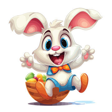 Cartoon Easter bunny jumping with egg basket. Vector