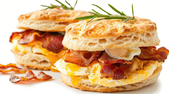 Bacon, egg, and cheese biscuit on white background