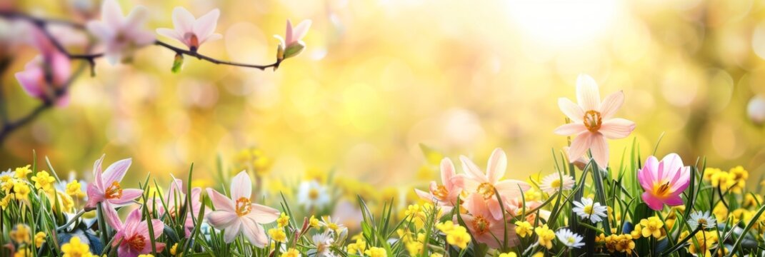 Spring bloom under golden sunlight rays - Vibrant image showcasing the beauty of spring with a variety of blooming flowers and warm sunlight