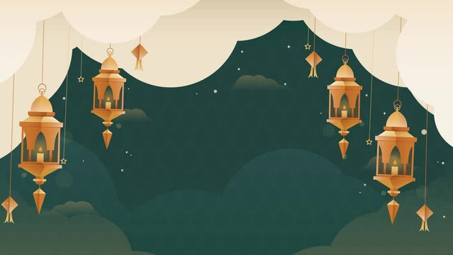 Islamic Background Animation with Islamic lanterns, ketupats (rhombus food), hanging stars, and moving clouds, Looping animation Suitable for  for invitation, Ramadan, Eid, Mawlid, Meraj, etc, 4K