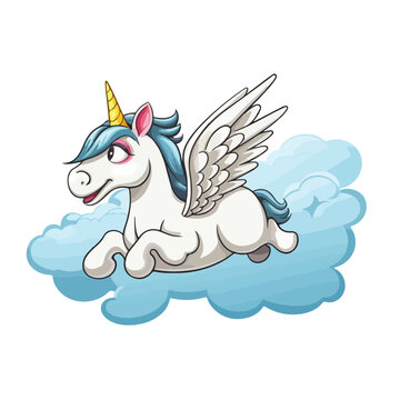 Cartoon farting unicorn flying away. Vector clip