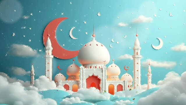 3D Islamic Background Animation with Mosque above the sky with clouds of clouds accompanied by falling particles, Looping animation Suitable for  for invitation, Ramadan, Eid, Mawlid, Meraj, 
