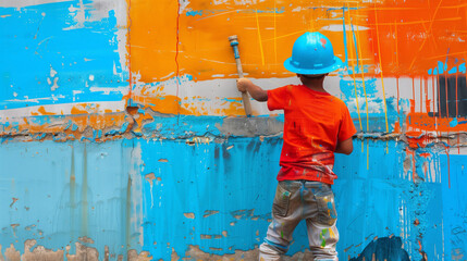 Child in labor day . Child in construction area painting concrete wall. Child building structure. Labor day.