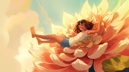 Garota deitada em uma flor gigante  - Ilustração infantil