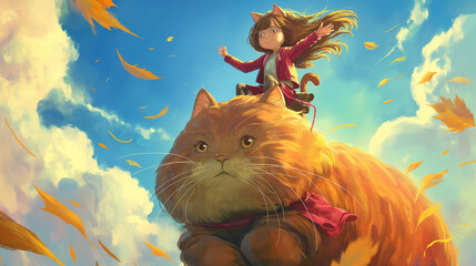 Fototapeta premium Garota montada em um gato gigante - Ilustração infantil