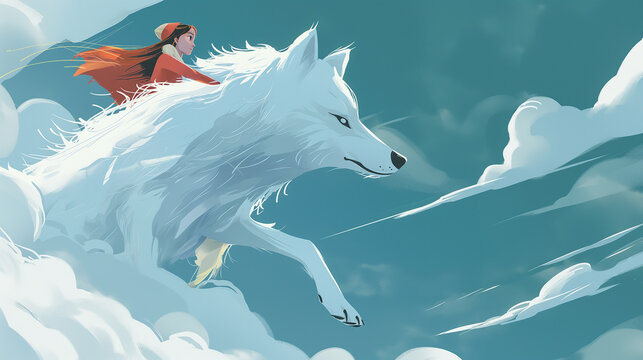Garota montada em um lobo branco - Ilustração infantil