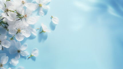 Flatlay in Light Blue with white Flower blossoms