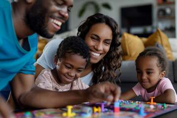 Interracial family playing board games, African-American parents and children rolling dice on a board of a fun weekend game - obrazy, fototapety, plakaty