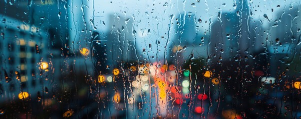 Raindrops on Glass with City Lights Bokeh Background