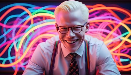 A happy albino male wearing glasses with striking neon-like effects. 