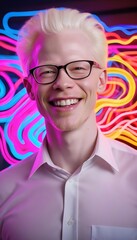 A happy albino male wearing glasses with striking neon-like effects. 