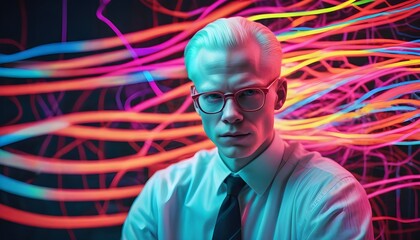 An albino male model is wearing glasses with striking neon-like effects. 